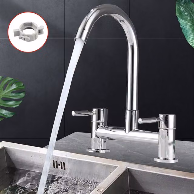 Hinsinc Dual Lever 2 Hole Deck Mounted Kitchen Sink Mixer Tap in Chrome Silver – 1