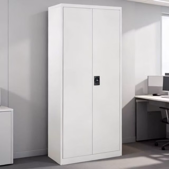 ERGOVEXA Tall Lockable Metal Office Filing Cabinet with Hinged Doors and Adjustable Shelves, White, H 175 x W 40 x D 40 cm – 1