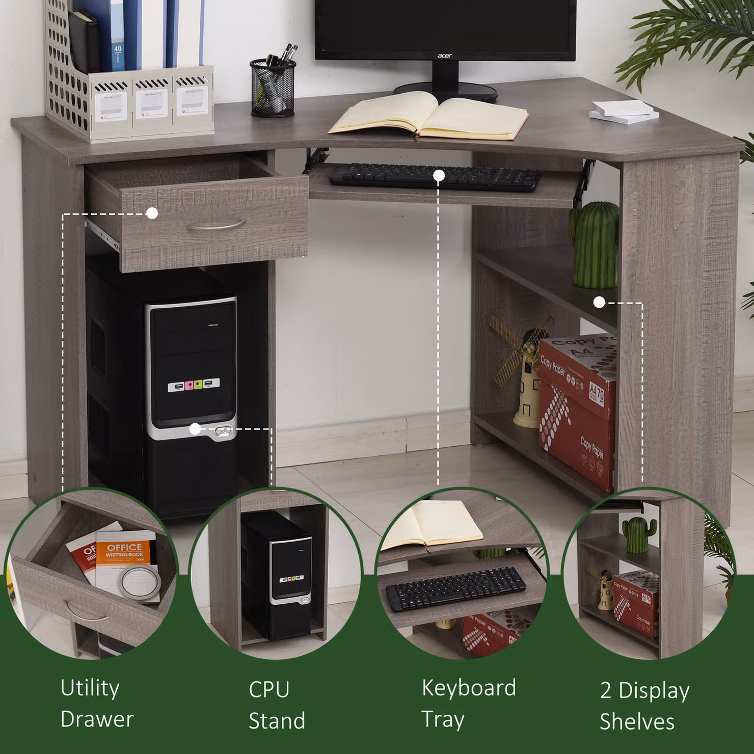 HOMCOM L-Shaped Corner Computer Desk with 2 Shelves, Keyboard Tray, Drawer and CPU Stand in Grey – 5