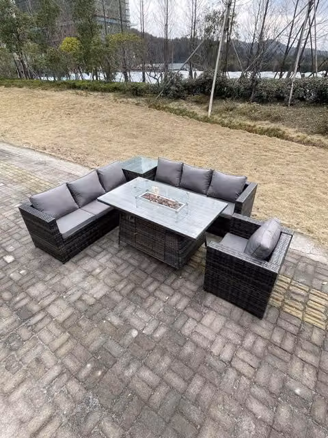 Fimous 7 Seater PE Rattan Corner Sofa Set with Gas Firepit Dining Table and High Side Coffee Table in Dark Grey