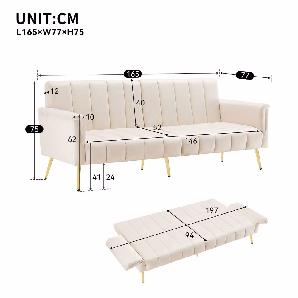 Rolipo Modern Beige Velvet Convertible Sofa Bed with Adjustable Headrest and Metal Frame – 2