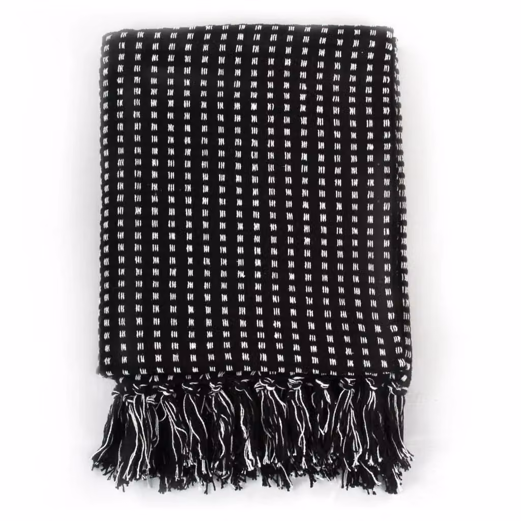 Berkfield Home Geometric Cotton Throw with Fringes, Black, W: 125 cm, D: 150 cm – 2