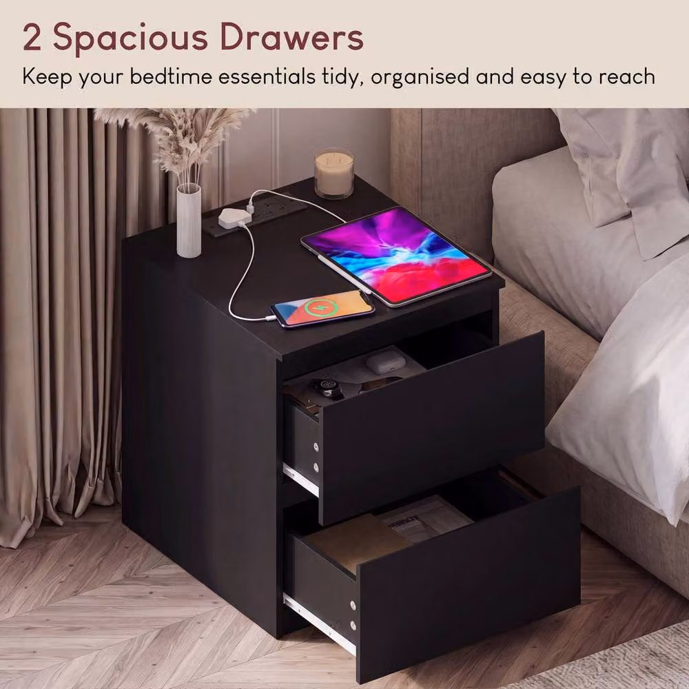 Vida Designs Denver Set of 2 Large 2 Drawer Bedside Chests with Power Outlets in Black – 4