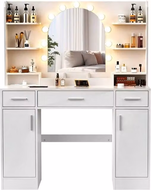 PAWNORA Large White Dressing Table with Hollywood LED Bulbs – 1