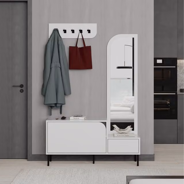 Decortie Mila Hall Tree with Mirror, Coat Stand and 2 Door Shoe Cabinet, White