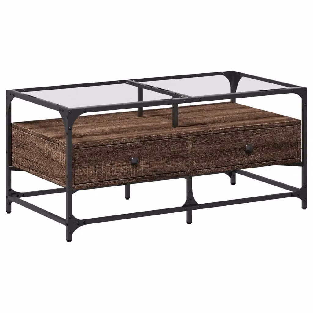 Berkfield Home Brown Oak Coffee Table with Glass Top and Steel Frame, W: 98.5 cm, D: 50 cm, H: 45 cm – 2