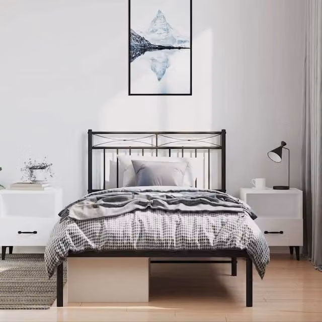 Berkfield Home Metal Bed Frame with Headboard in Black W/D/H: 100 x 200 x 91 cm