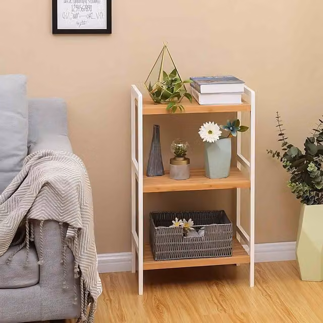 The Bazaarist 3 Tier Bamboo Multipurpose Storage Shelf with Adjustable Shelves in White and Natural Grain