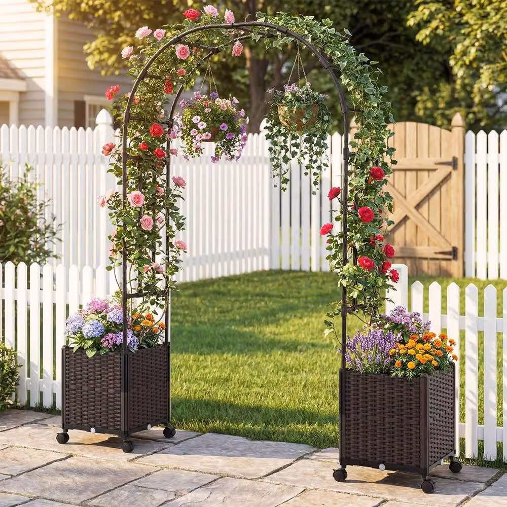 NESTLUNE Brown Metal Garden Arch Trellis with 2 Planter Boxes, Height: 200 cm – 3