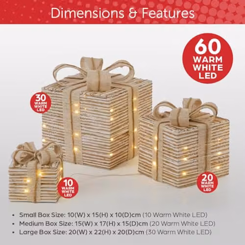The Christmas Workshop Light-Up Gift Boxes, Set of 3, White and Beige with Warm White LED Lights and Timer Function, Battery Powered, W/D/H: 22.0 x 20.0 x 20.0 cm – 2