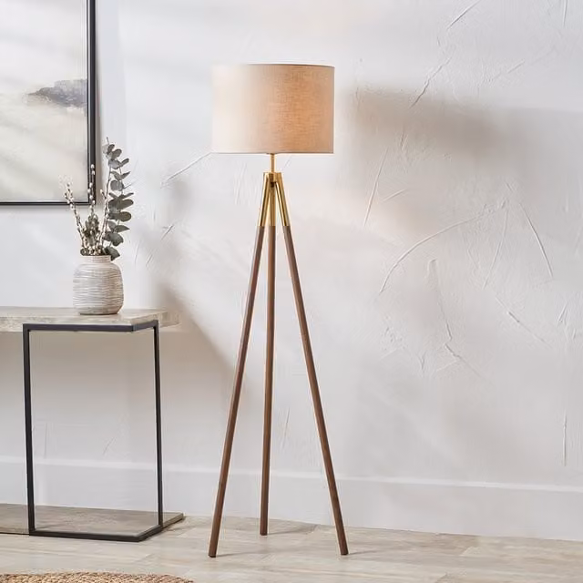 Pacific Lifestyle Industrial Tripod Floor Lamp in Gold and Brown Wood Grain