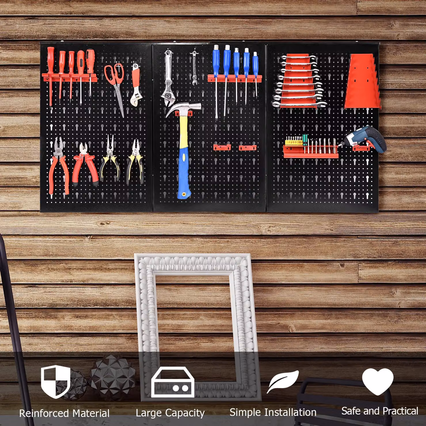 Gymax Steel Pegboard Wall Organizer Kit Garage Storage Tool Holders Rack, Black – 2