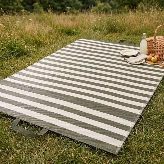 Madison & Mayfair Olive Green Striped Picnic Mat with Waterproof Underside and Carry Handle – 1