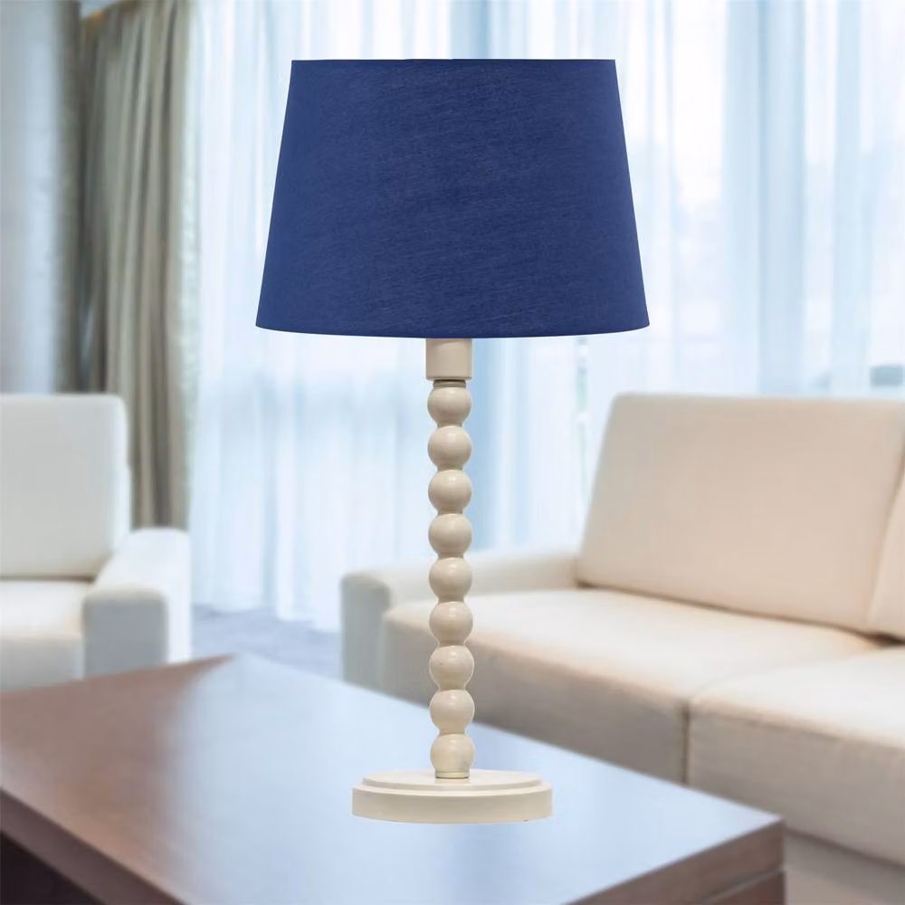 First Choice Lighting Bobbin Table Lamp with Ivory Base and Navy Blue Fabric Cylinder Shade – 3