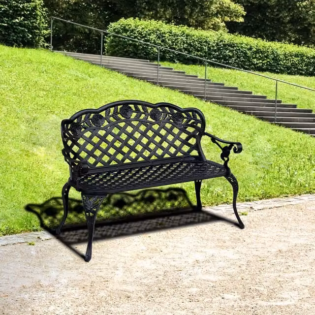 Outsunny Cast Aluminium 2 Seater High Back Garden Bench in Matt Black