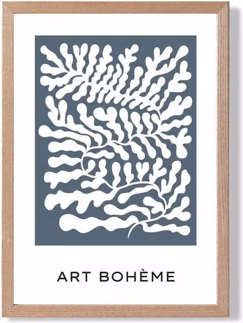 ARTZE Matisse Style Blue and White Floral Cutout Framed Print with Oak Frame