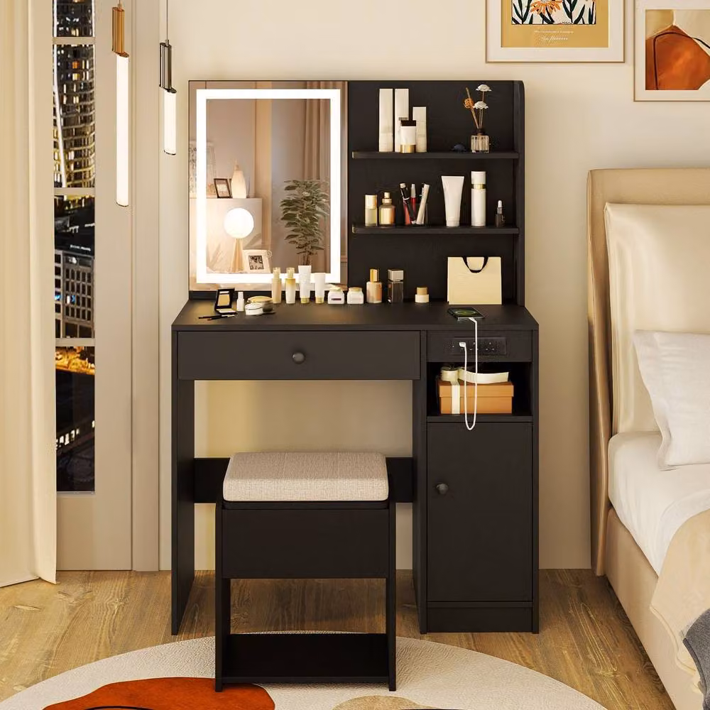 Costway Wooden Vanity Desk with Stool and Hollywood LED Mirror in Black – 2
