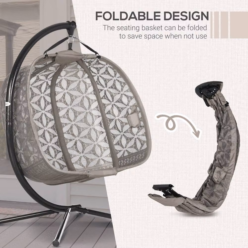 Outsunny Double Hanging Swing Chair with Metal Stand and Cup Holders in Sand Brown – 9