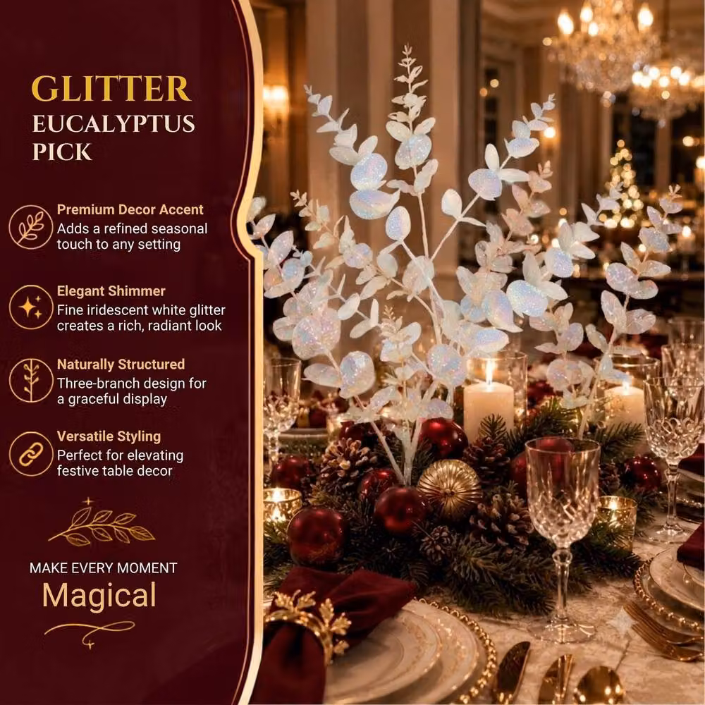 Shatchi White Glitter Artificial Eucalyptus Christmas Decoration Picks, 12 Pack, Height: 55 cm – 7