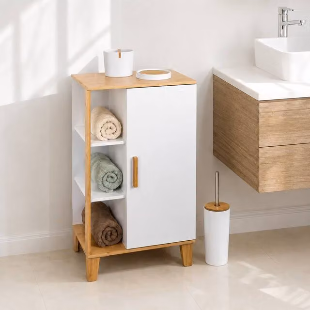 Showerdrape Varallo Matt White and Bamboo Scandinavian Style Freestanding Bathroom Cabinet and 3 Piece Accessory Set