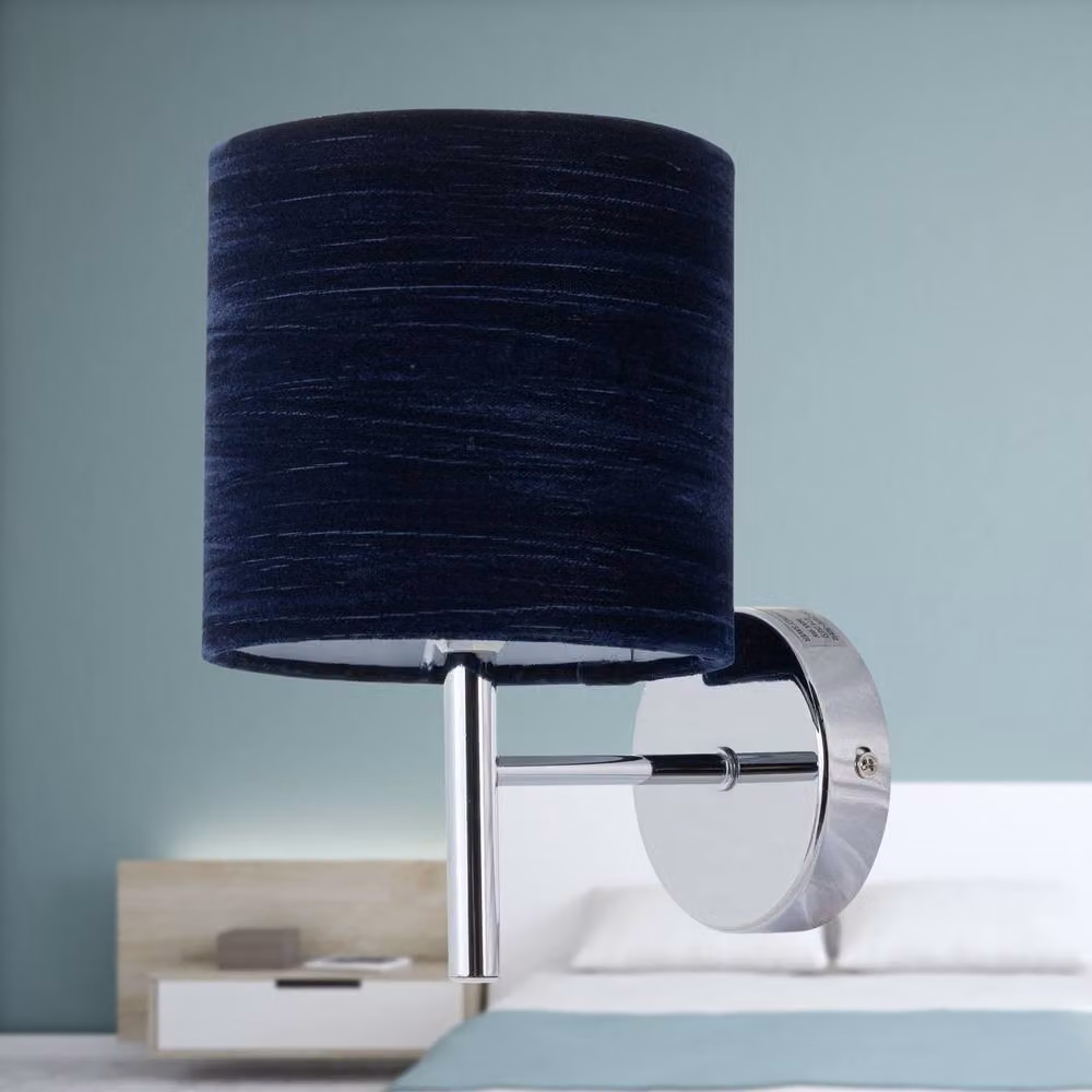 First Choice Lighting Brea Set of 2 Chrome Wall Lights with Blue Fabric Shades – 4