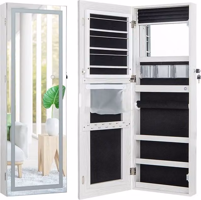Costway Lockable Jewelry Mirror Cabinet with LED Lighting in White, Height: 108 cm