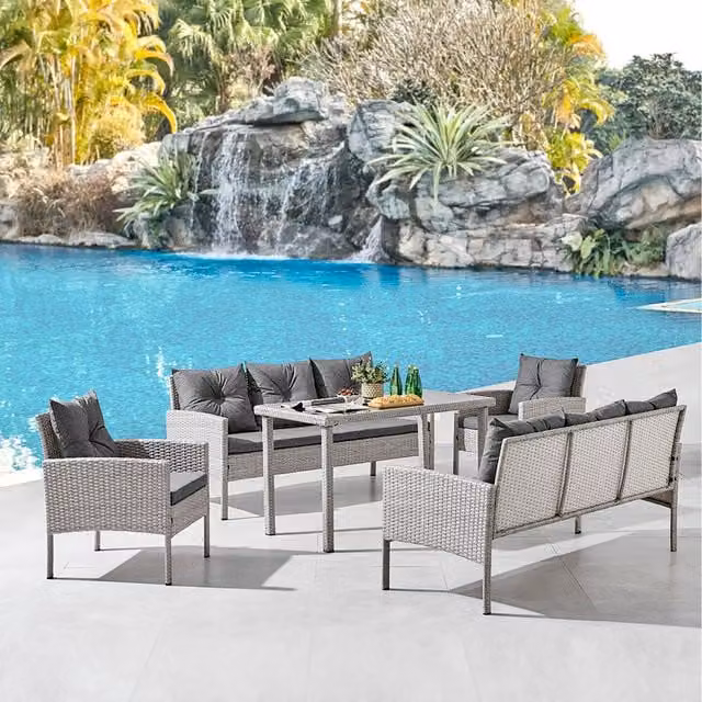GRS Rivas Grey Rattan Dining Set with Grey Cushions and Glass Top