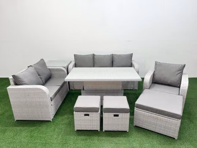 Fimous Patio 9 Seater Grey Rattan Outdoor Furniture Set with Upholstered Cushions, 3 Seater Sofa, Armchairs, Ottoman and Coffee Table