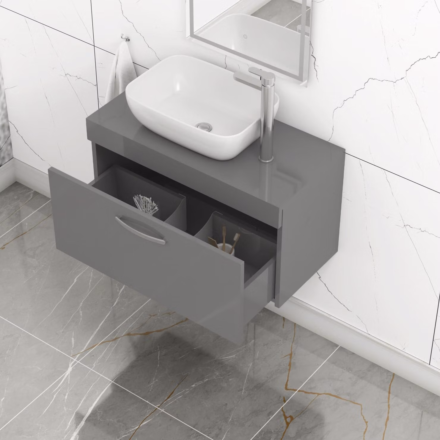Royal Bathrooms Turin Wall Hung 1-Drawer Unit and Soft Square Countertop Basin in Indigo Grey Gloss, W: 80 cm and W: 45.5 cm