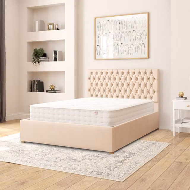 Aspire Monroe Ottoman Storage Bed in Beige Kimiyo Linen Fabric, Double 140 x 200 cm