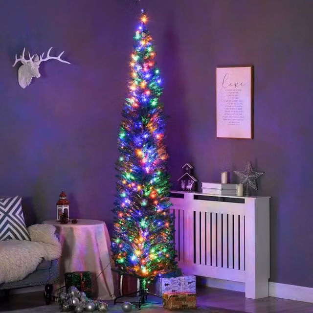 HOMCOM Green Pencil Artificial Christmas Tree with Colourful LED Lights, Height: 213 cm
