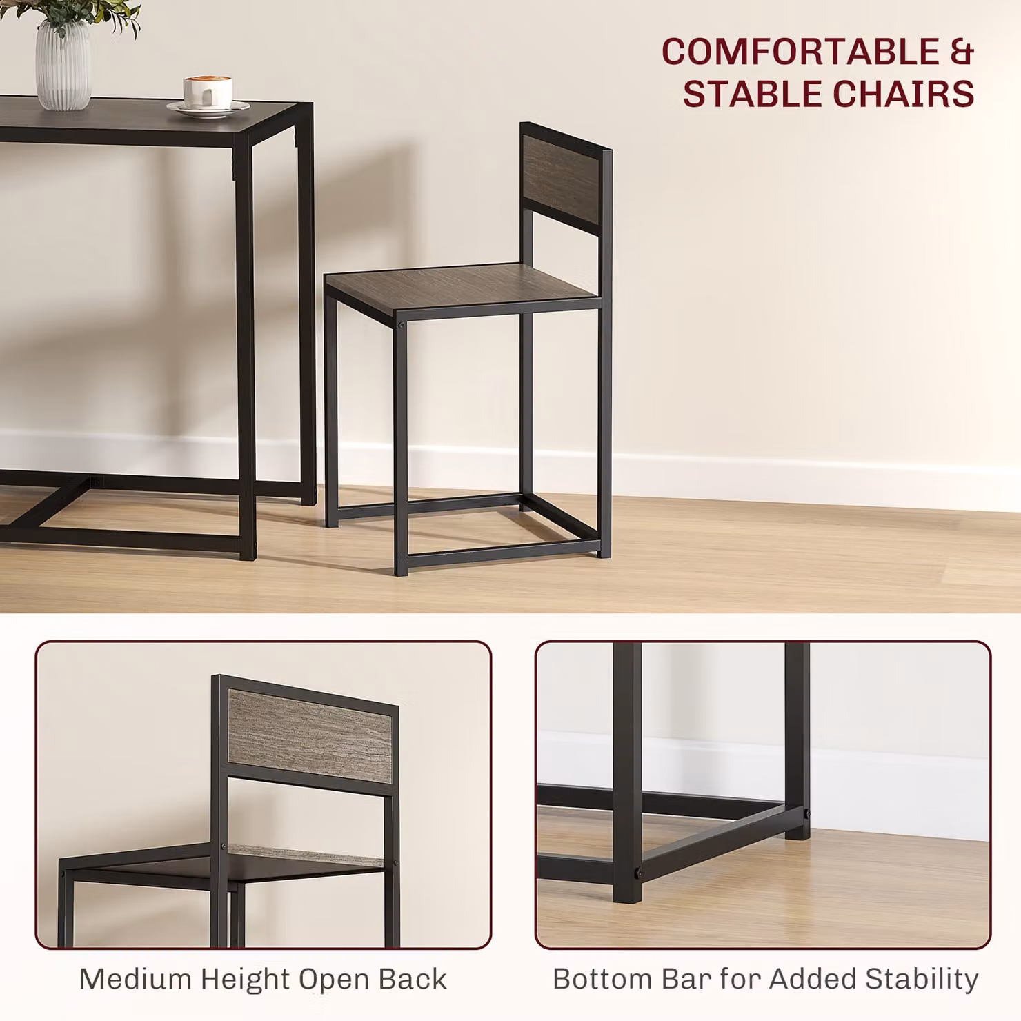HOMCOM Grey Dining Table and 2 Chairs Set with Rectangular MDF Table and Steel Frame – 4