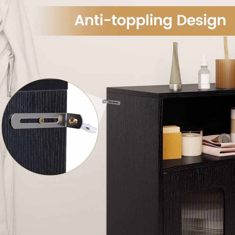 Costway Freestanding Black Bathroom Cabinet with 2 Hinged Doors and Internal Shelves – 9