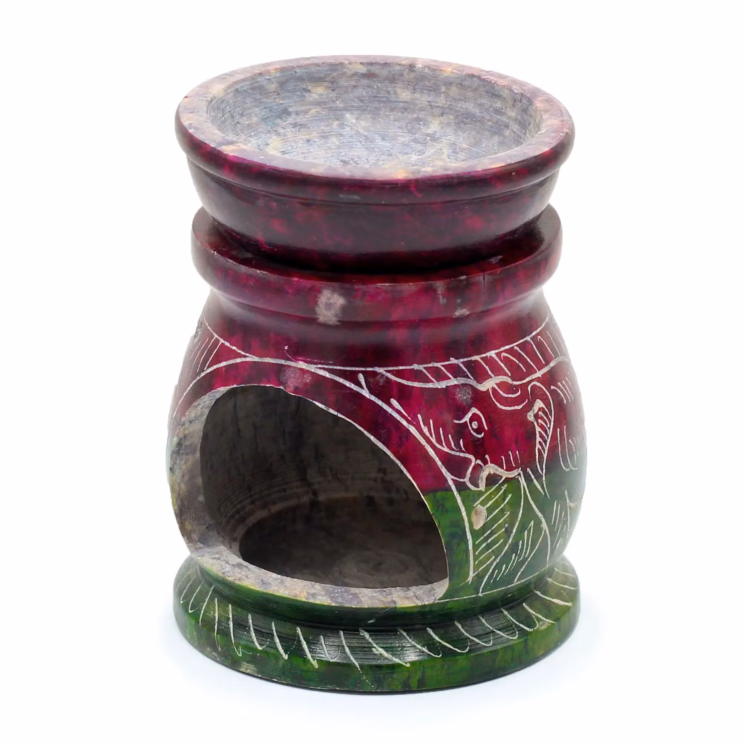 KDMD Small Coloured Soapstone Oil Burner with Om and Elephant Design in Red, Green and Multicolour, Diameter: 8 cm – 2