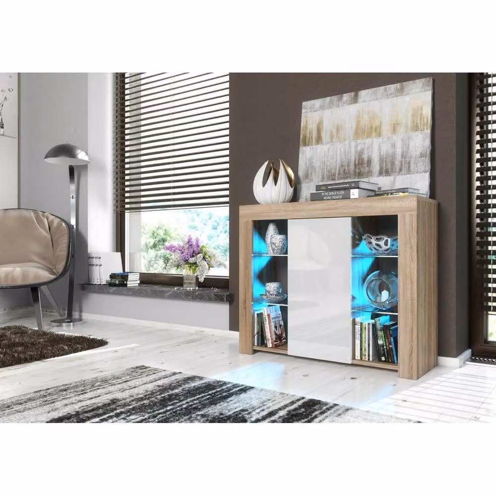 SPETLEK TV Unit with Glass Doors and Integrated Lighting in Oak and White High Gloss – 2