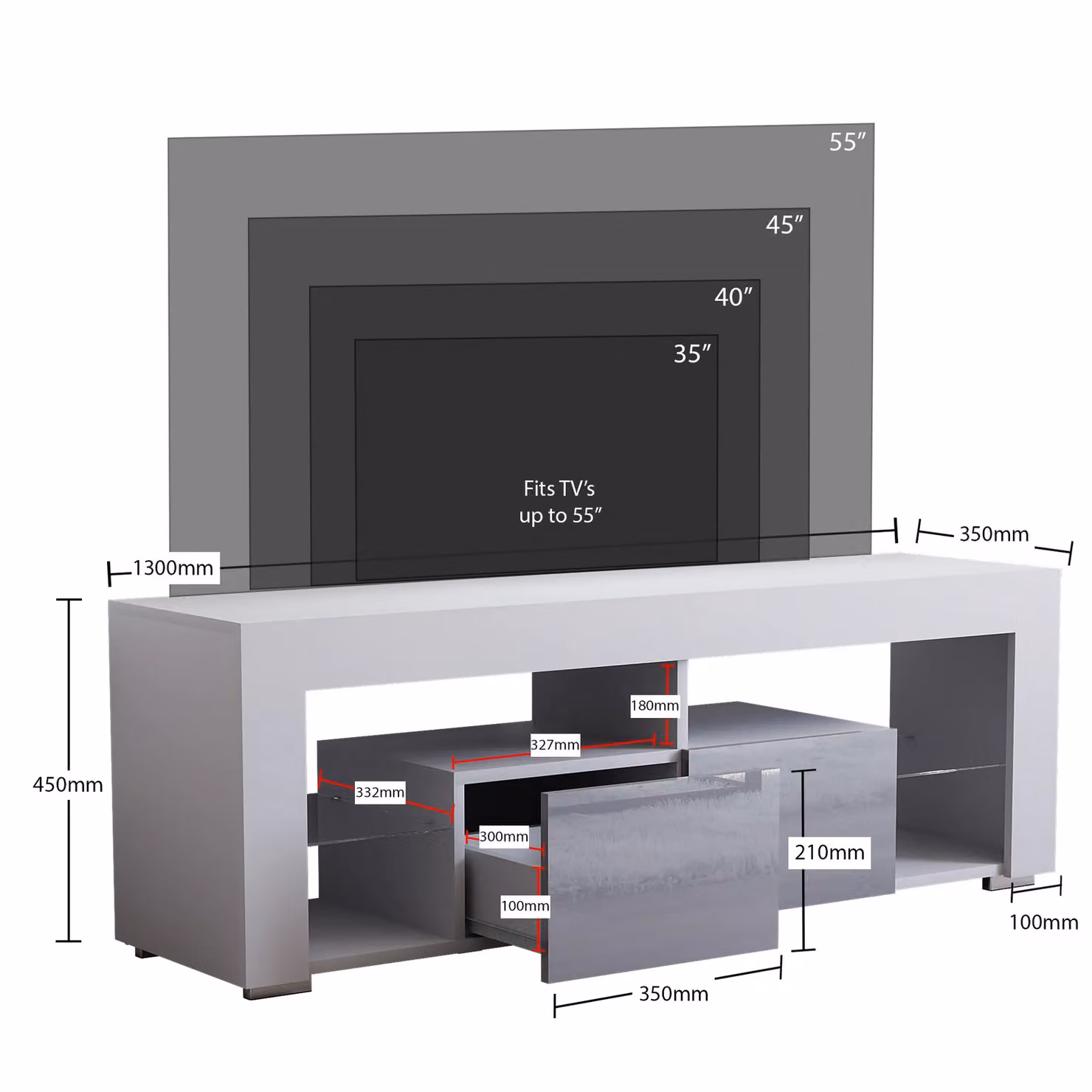 Vida Designs Luna Modern Glossy White and Multicolour 2 Drawer LED TV Unit with Glass Details – 2