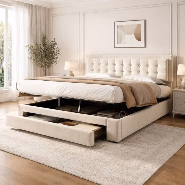 STILVORA Super King Upholstered Velvet Bed with Lift Up Storage Base, Beige, W: 180 cm, L: 200 cm – 1