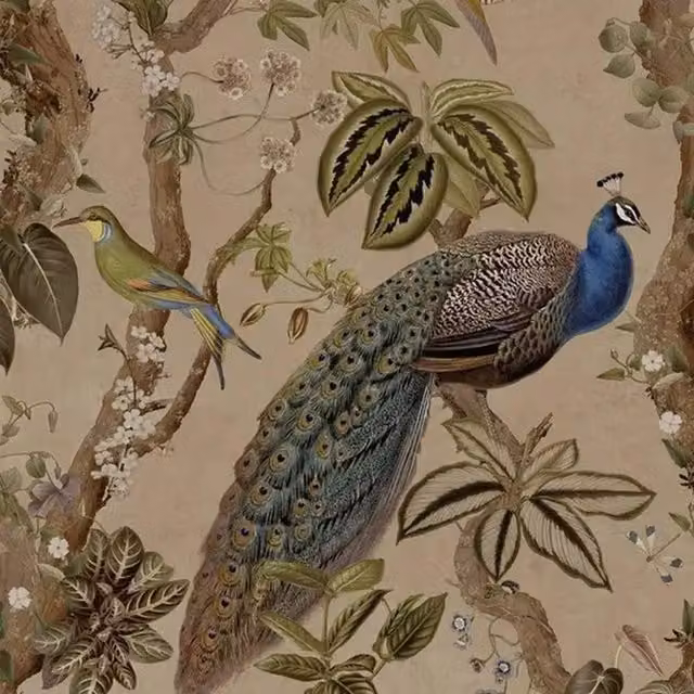 Holden Décor Woods Peacock Wallpaper in Taupe and Beige