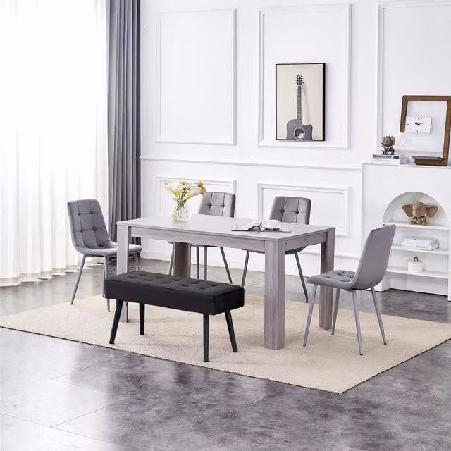 Kosy Koala Modern Dining Set with Rectangular Wood Table, 4 Grey Velvet Chairs and Bench in Black