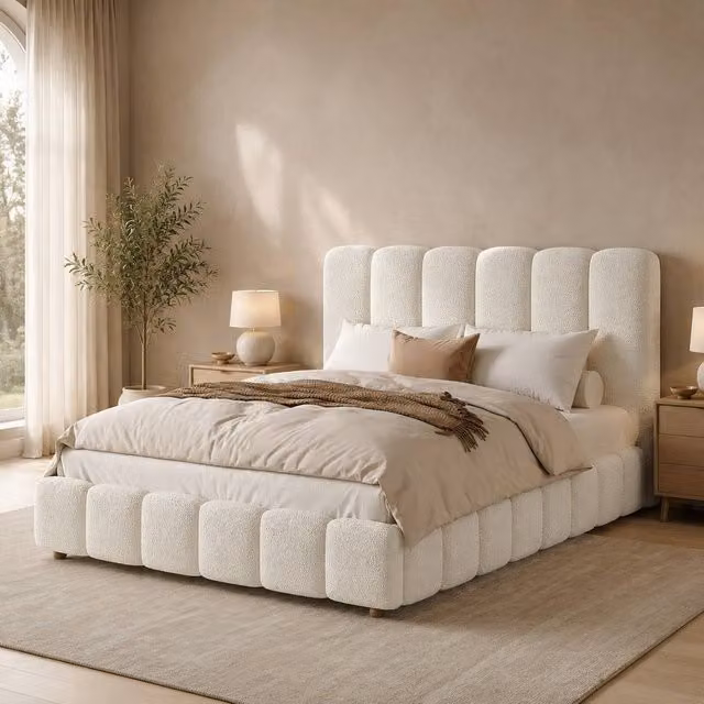 STILVORA White Bouclé Upholstered Bed with Hydraulic Lift-Up Storage, W/D/H: 140 x 200 cm