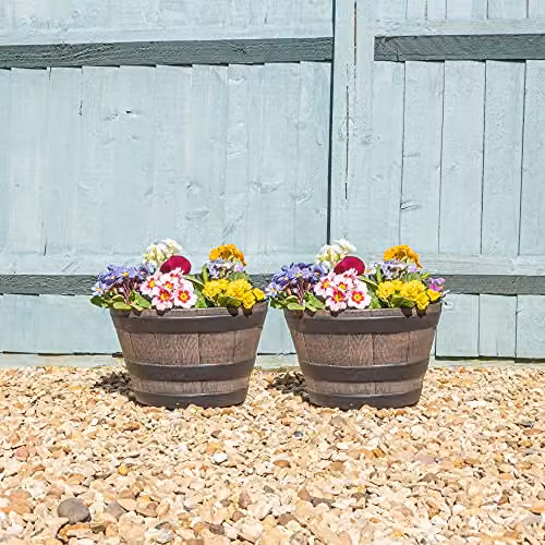 Thompson & Morgan Wooden Effect Barrel Planter, Small Brown or Black Plastic Outdoor and Indoor Plant Tub – 2
