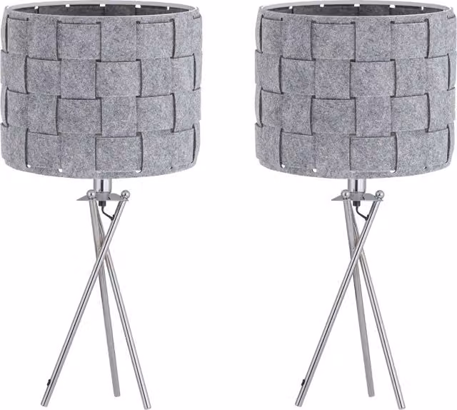 First Choice Lighting Warner Set of 2 Chrome Tripod Table Lamps with Grey Fabric Cylinder Shades