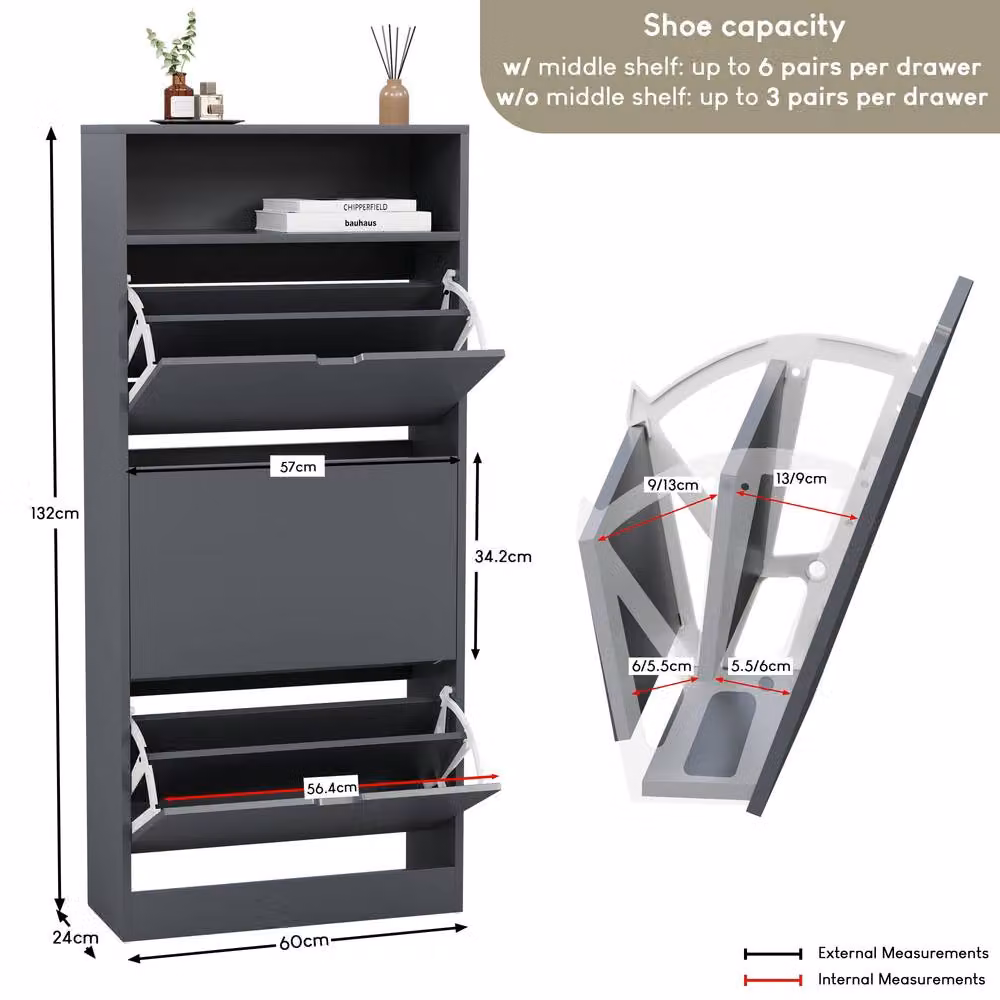 HD Designs Modern Grey 3 Drawer Shoe Cabinet with Tilting Compartments and Internal Shelves – 2