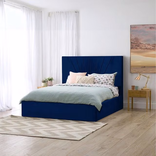 Desire Deco Flora Upholstered Velvet Storage Bed in Blue, W/D/H: 180 x 200 cm