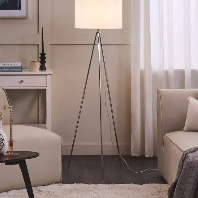 Wyld and Coco Silver Tripod Floor Lamp with White Fabric Drum Shade, Height: 148 cm