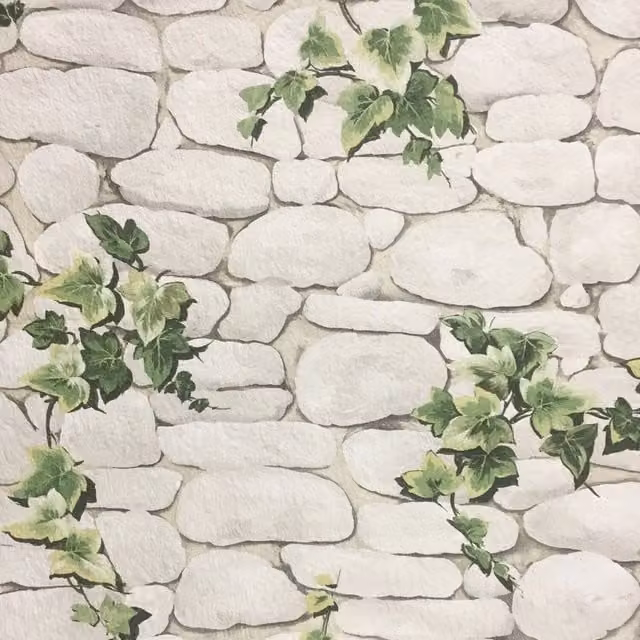 Erismann Botanical Floral and Rustic Ivy Covered Brick Effect Wallpaper in White and Green