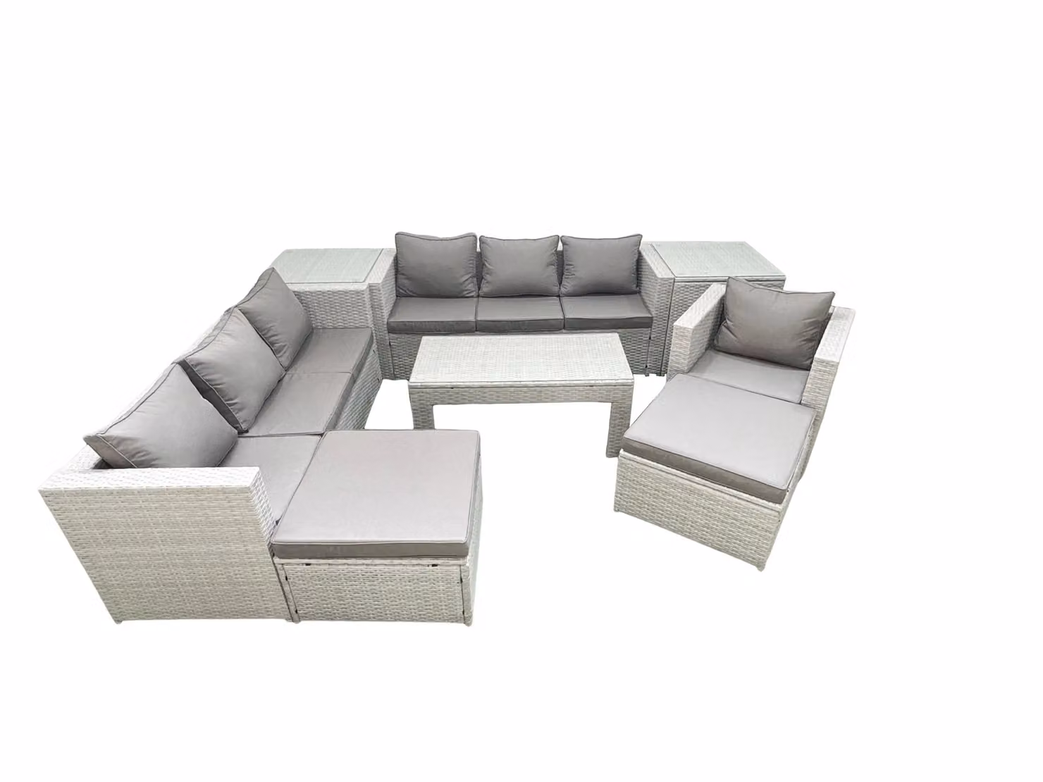 Fimous Wicker PE Rattan Garden Furniture Set in Light Grey Mixed with Oblong Coffee Table, Armchair, 2 Big Footstools and 2 Side Tables – 2