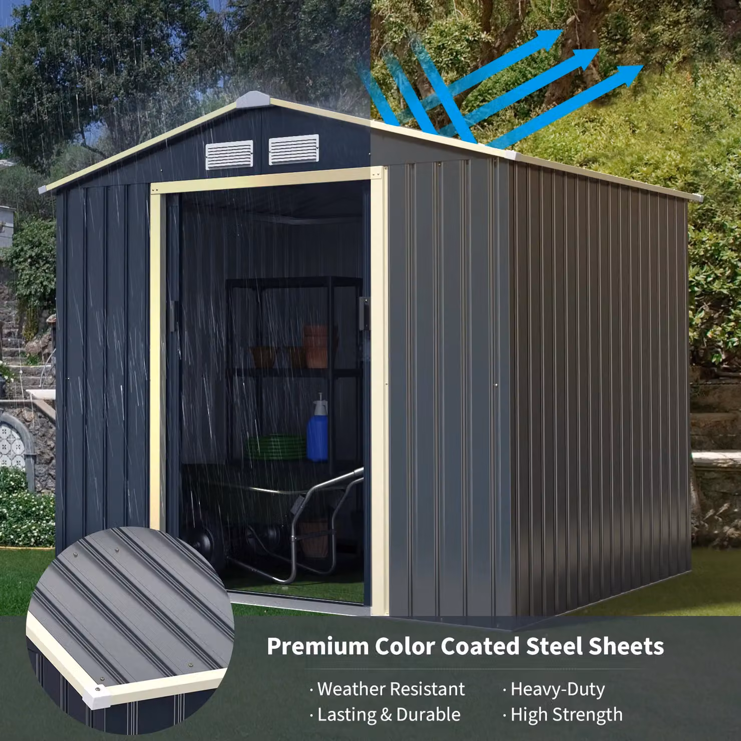 Costway Metal Storage Shed and Extension Kit in Grey with Lockable Sliding Doors and Side Vent – 4