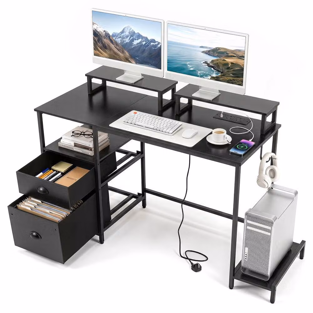 Costway Modern Black Computer Desk with Power Outlets and 2 Monitor Shelves – 5
