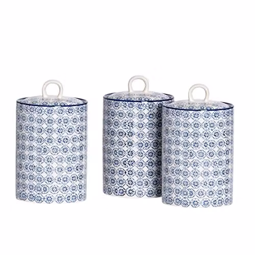 Nicola Spring Floral Patterned Ceramic Kitchen Canisters, Pack of 3, Blue, 1 l – 1